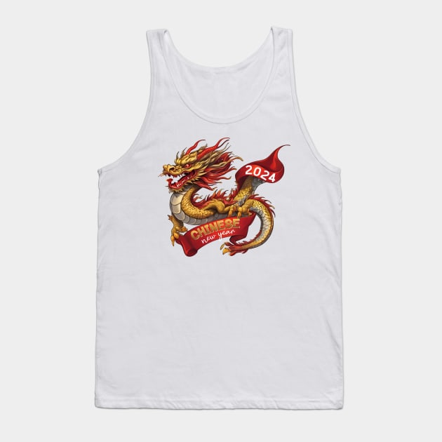 Chinese New Year Dragon: Red Gold Grey White, Realistic Vector Design Tank Top by YUED